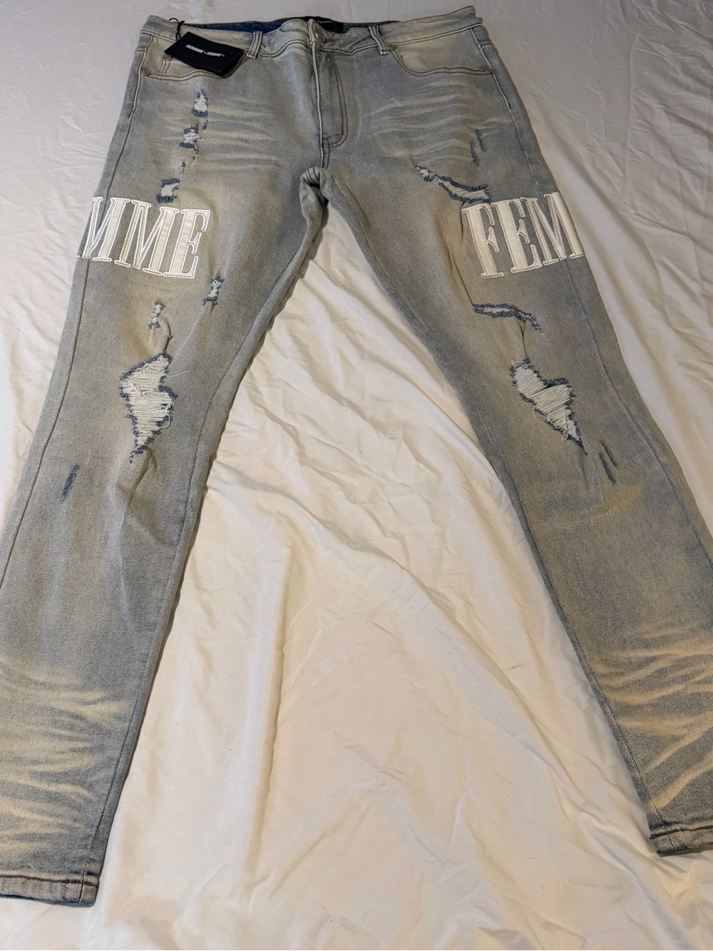 HOMME FEMME Light Blue Skinny Jeans with Distressed Details